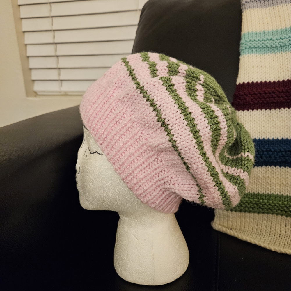 Handmade Pink and Green Knit Beret